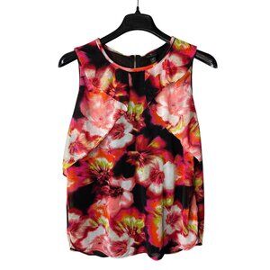 Worthington Womens Top Blouse XL Ruffle Sheer Mesh Overlay Lined Abstract Floral